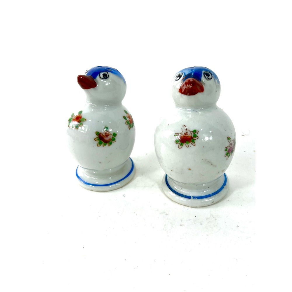 Vintage Japan Porcelain Bird Salt and Pepper Shakers Blue Floral Ceramic Set